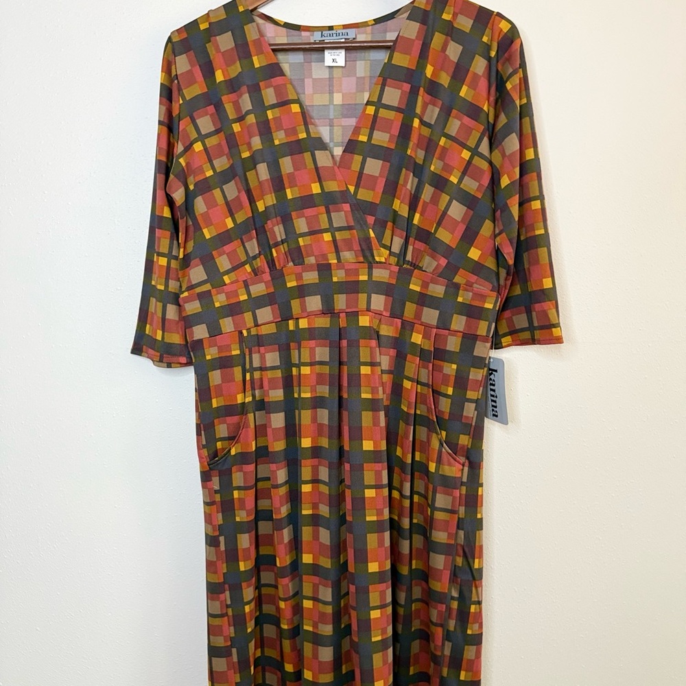 Karina Plaid Faux Wrap Dress Fall Colors Stretch Travel Dress M - Picture 9 of 12